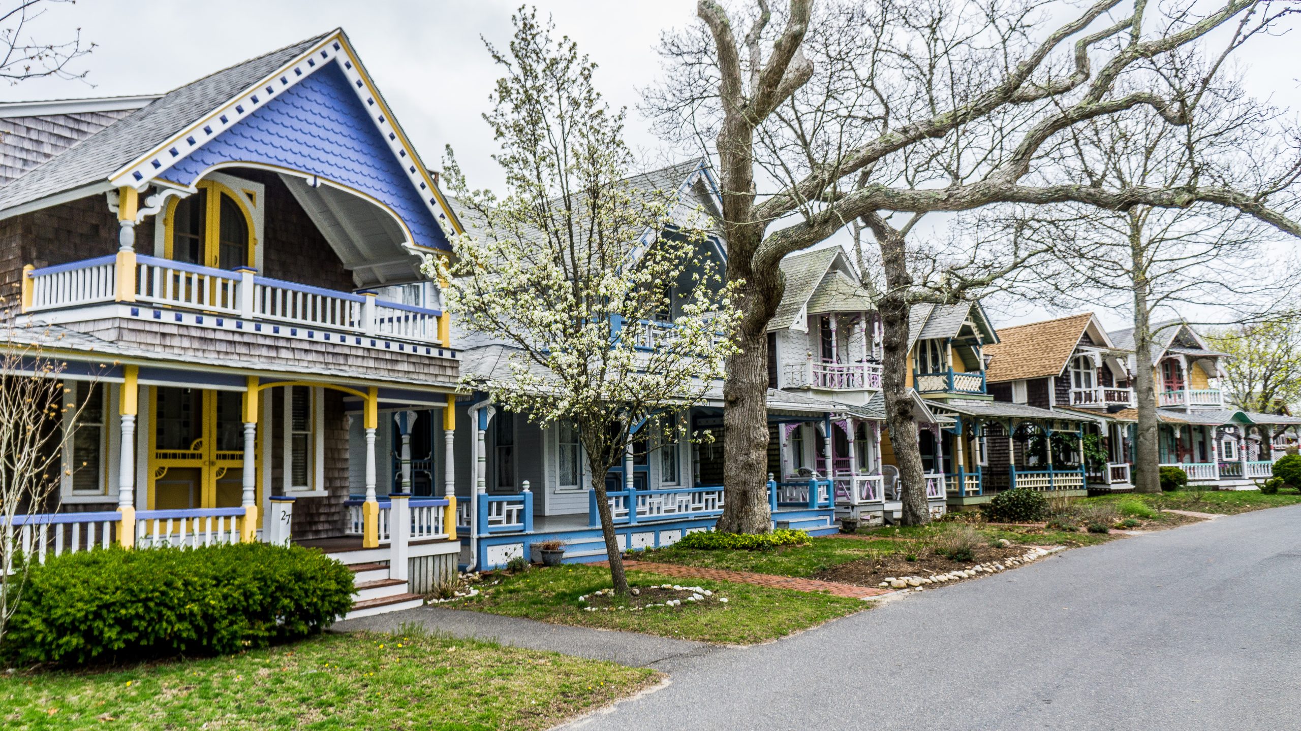 Gingerbread cottages in Oak Bluffs, on Martha's Vineyard. Small neighborhood, classified National Historical Landmark and famous for its small and colorful victorian cottages